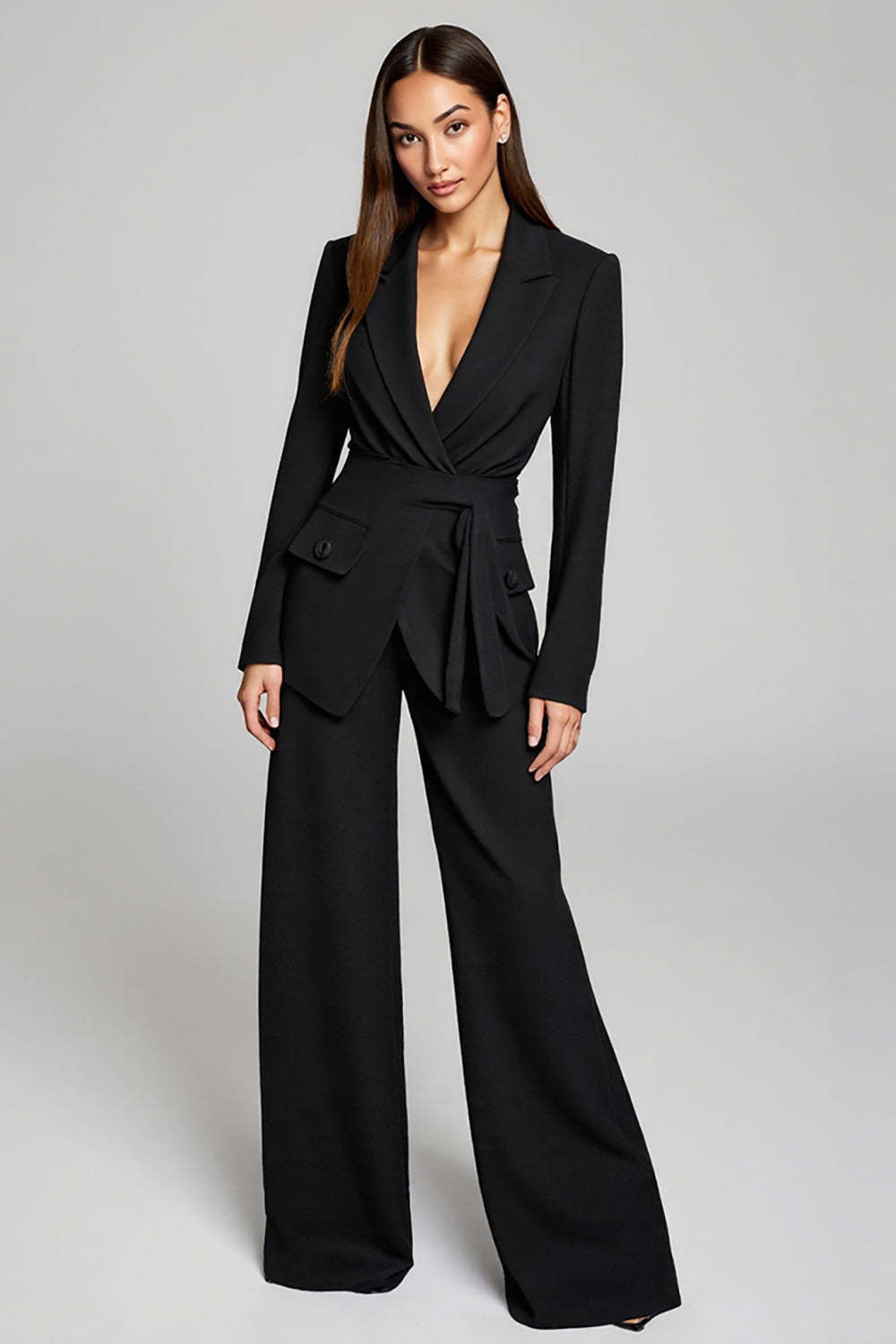Leely Women Black 2 Piece Formal Business Suits with Sash Peak Lapel Long Sleeves Work Suits
