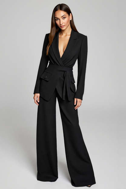 Leely Women Black 2 Piece Formal Business Suits with Sash Peak Lapel Long Sleeves Work Suits