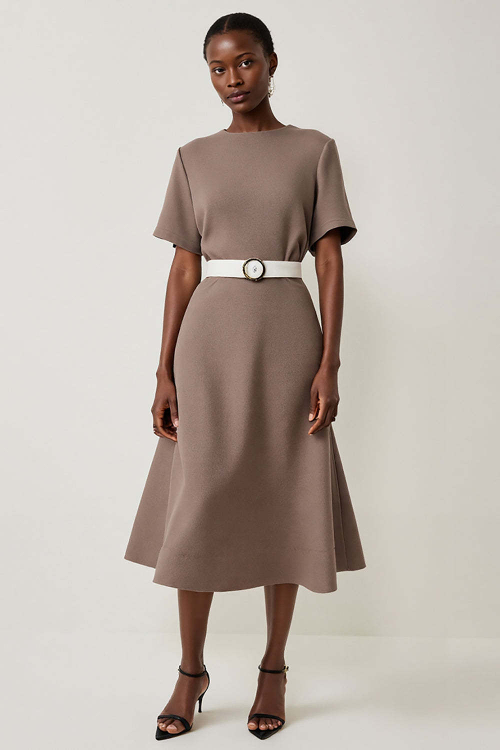 Leely Women Grey Midi A Line Work Dress with Belt Short Sleeves Round Neck Business Dress
