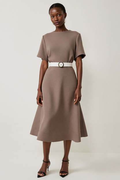 Leely Women Grey Midi A Line Work Dress with Belt Short Sleeves Round Neck Business Dress