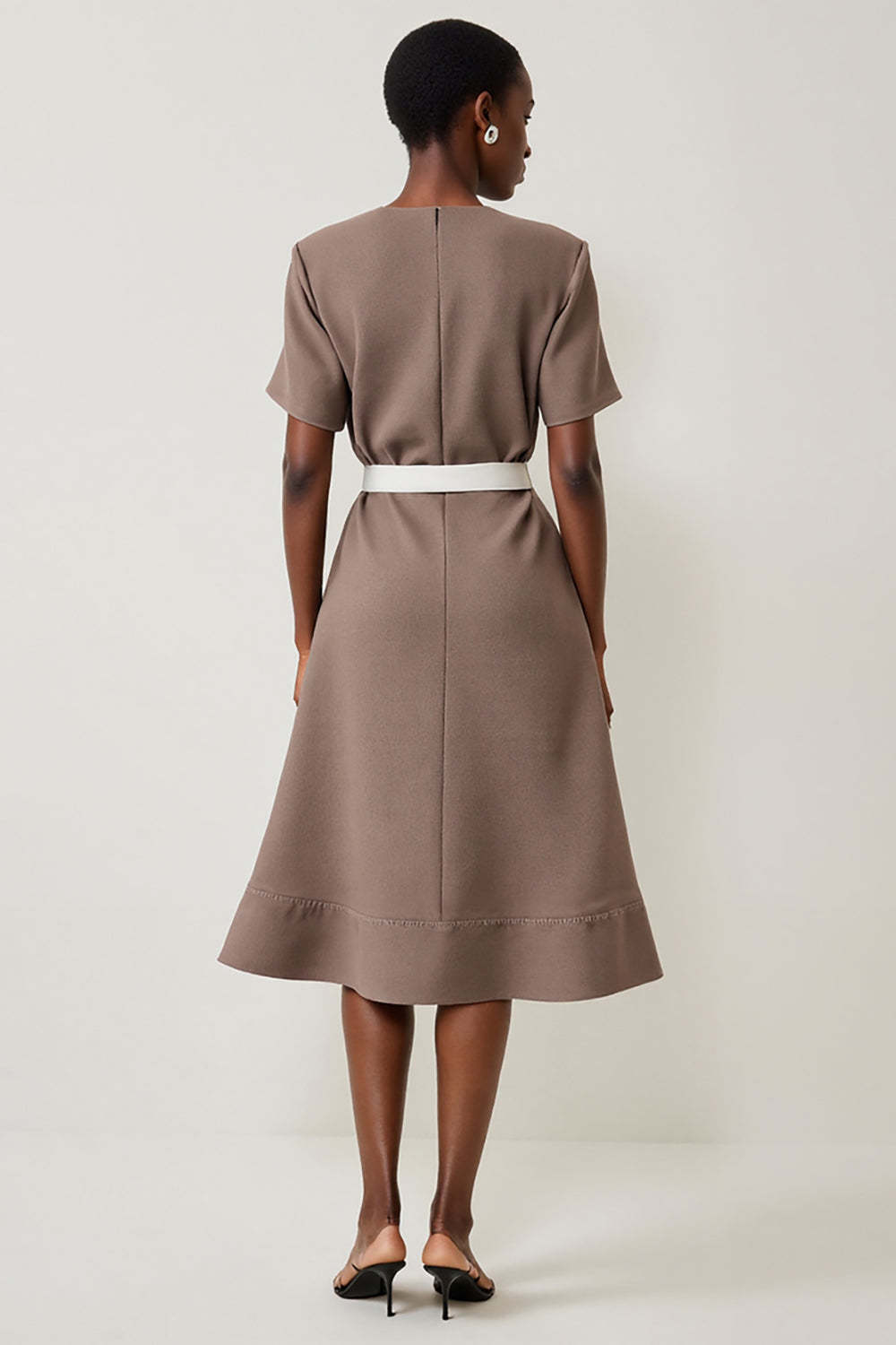 Midi Grey Short Sleeves A Line Work Dress with Belt