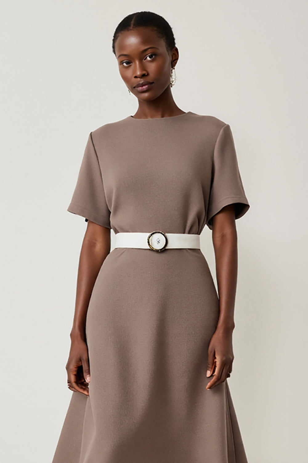 Midi Grey Short Sleeves A Line Work Dress with Belt