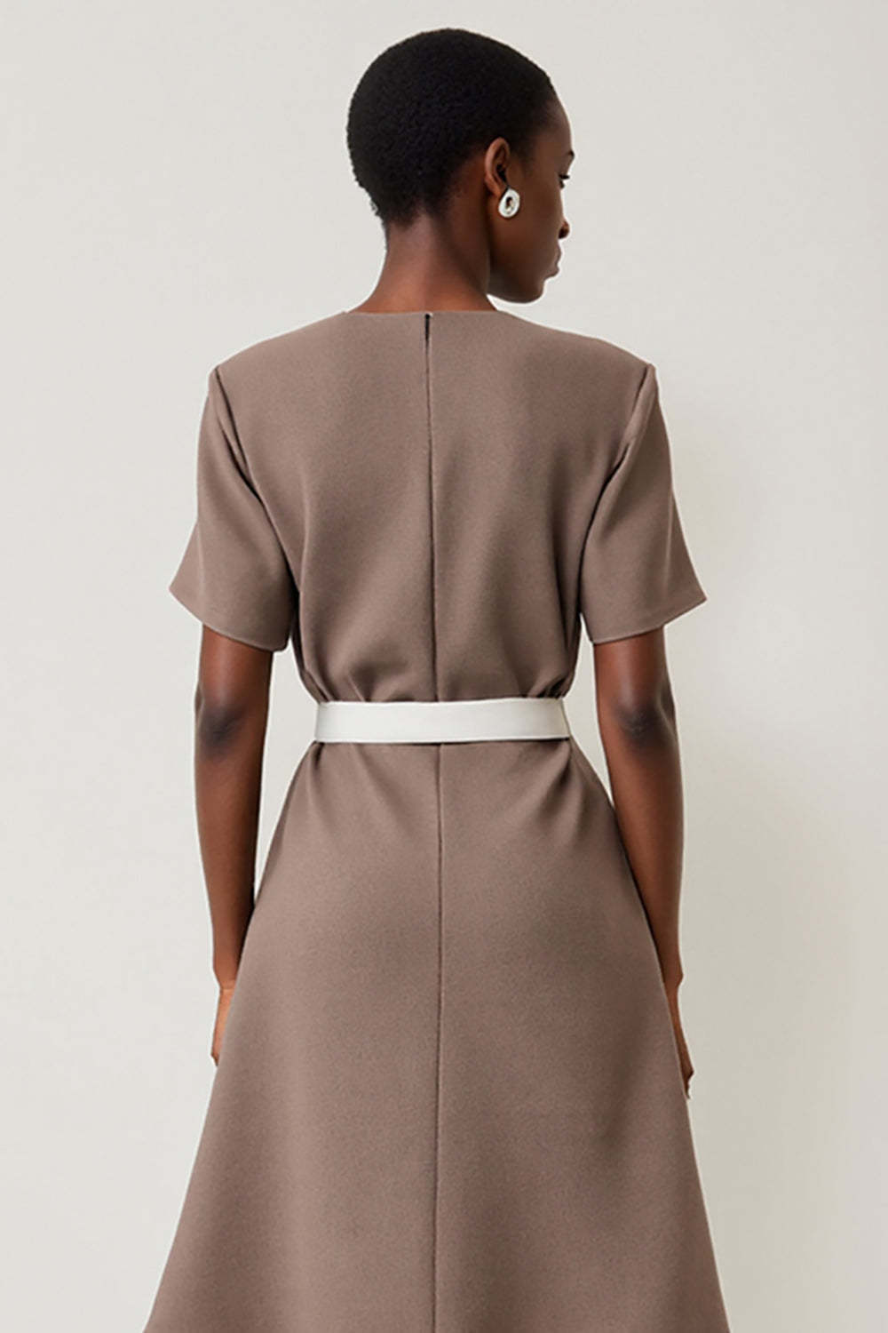 Midi Grey Short Sleeves A Line Work Dress with Belt