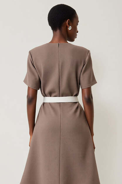 Midi Grey Short Sleeves A Line Work Dress with Belt