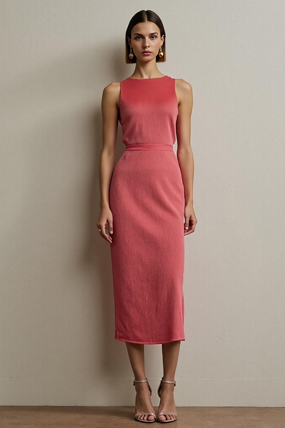 Leely Women Simple Red Midi Work Dress Round Neck Pencil Sleeveless Business Dress