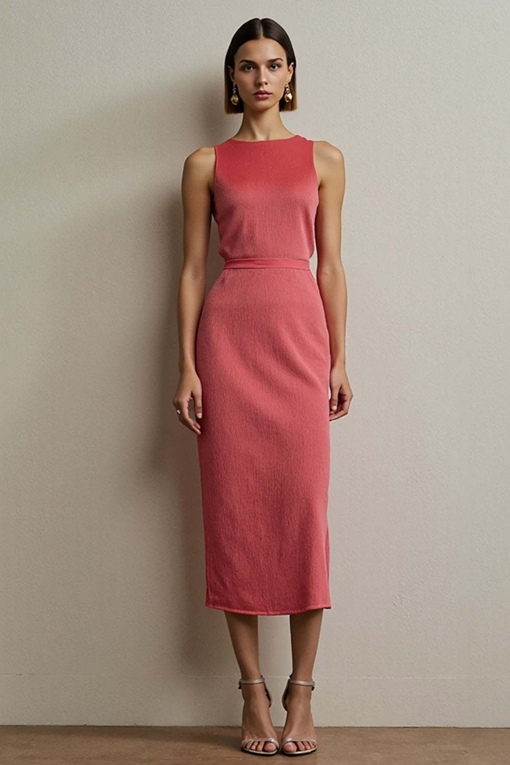 Leely Women Simple Red Midi Work Dress Round Neck Pencil Sleeveless Business Dress