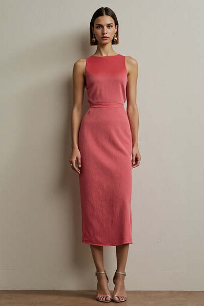 Leely Women Simple Red Midi Work Dress Round Neck Pencil Sleeveless Business Dress