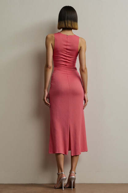 Red Sheath Round Neck Sleeveless Midi Work Dress