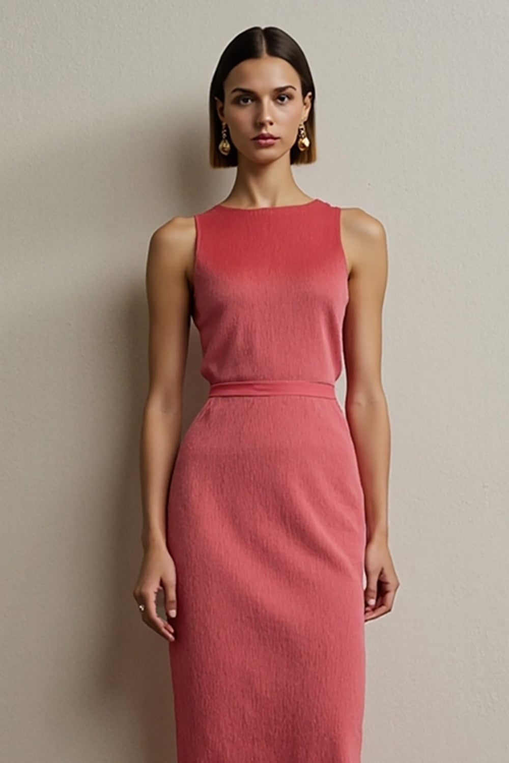 Red Sheath Round Neck Sleeveless Midi Work Dress