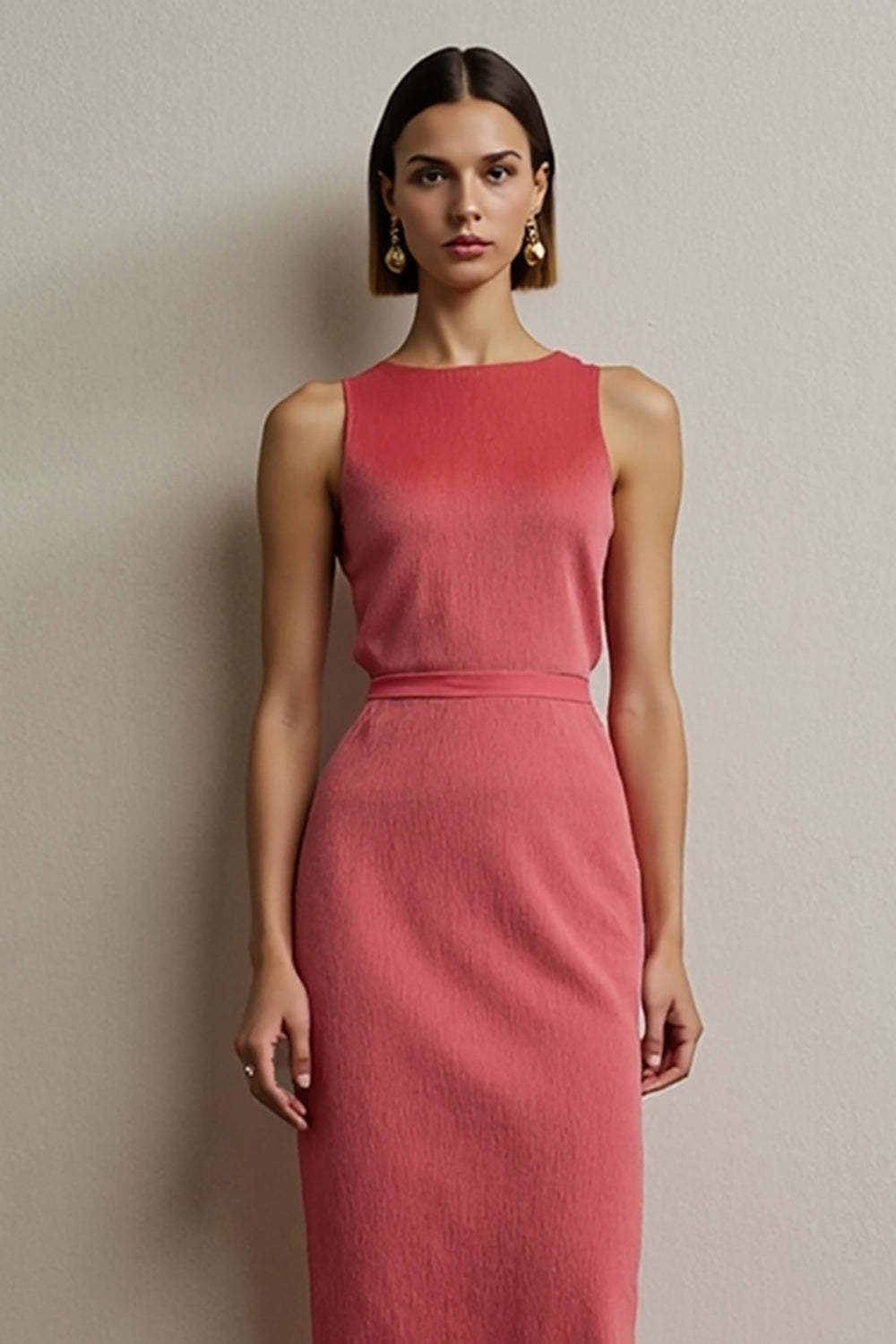 Red Sheath Round Neck Sleeveless Midi Work Dress
