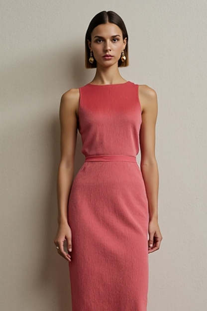Red Sheath Round Neck Sleeveless Midi Work Dress