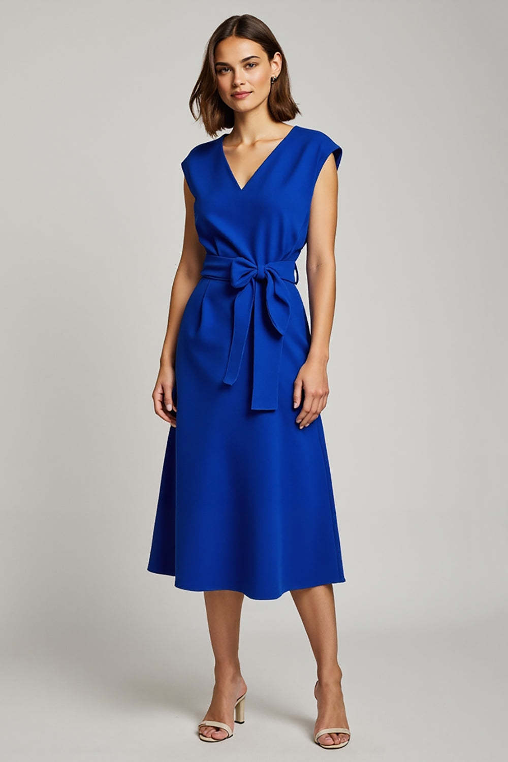 Leely Women Royal Blue Midi A Line Work Dress with Bow V-Neck Cap Sleeves Business Dress