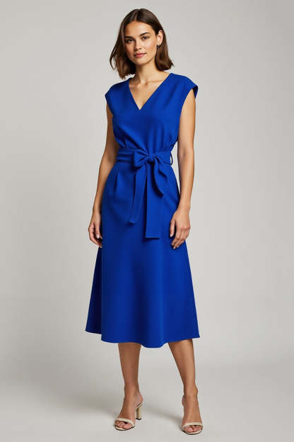 Leely Women Royal Blue Midi A Line Work Dress with Bow V-Neck Cap Sleeves Business Dress
