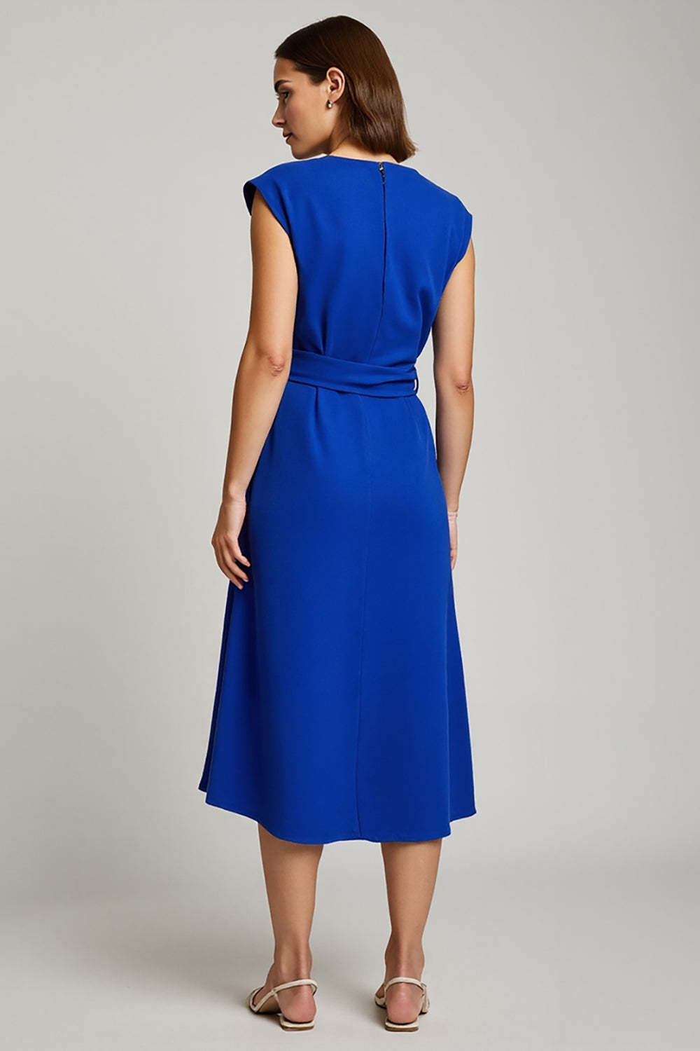 A Line Royal Blue V-Neck Cap Sleeves Midi Work Dress with Bow