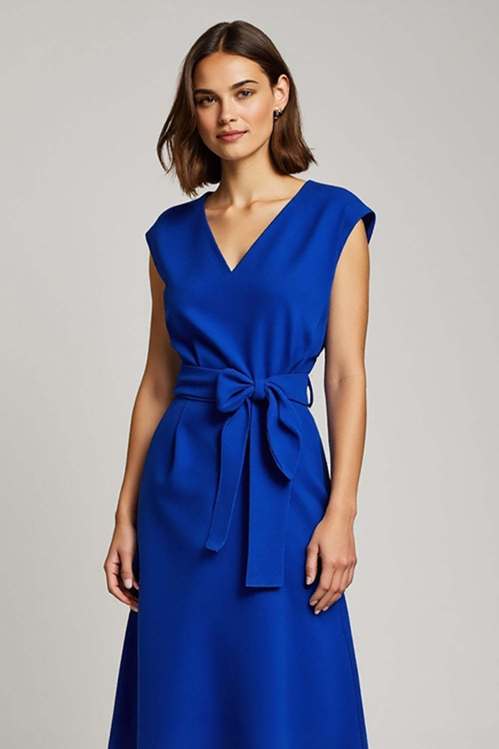 A Line Royal Blue V-Neck Cap Sleeves Midi Work Dress with Bow