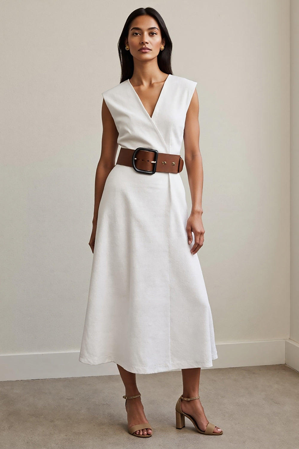 Leely Women White Simple Maxi Work Dress with Belt A Line V-Neck Business Dress