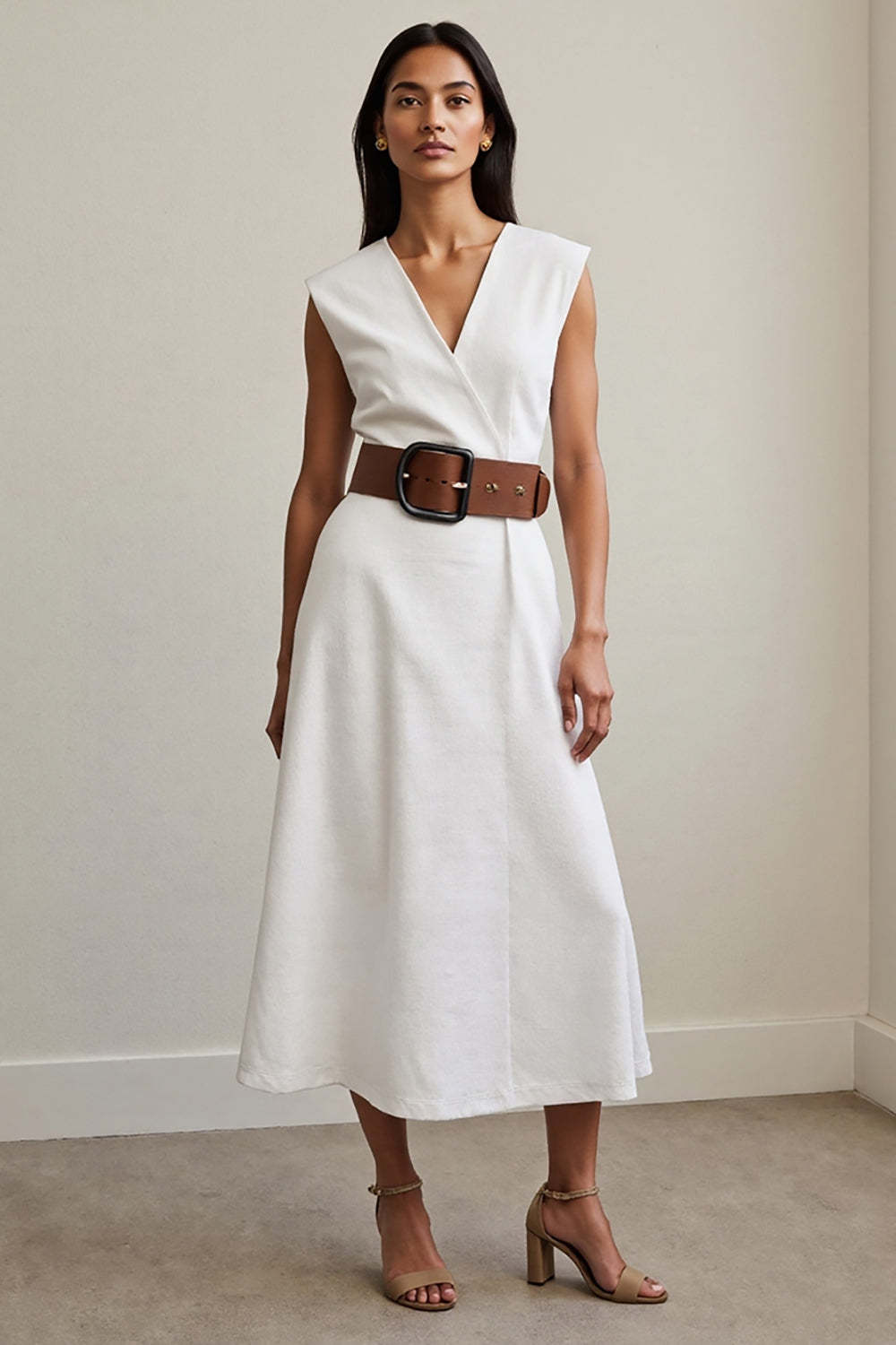 Leely Women White Simple Maxi Work Dress with Belt A Line V-Neck Business Dress