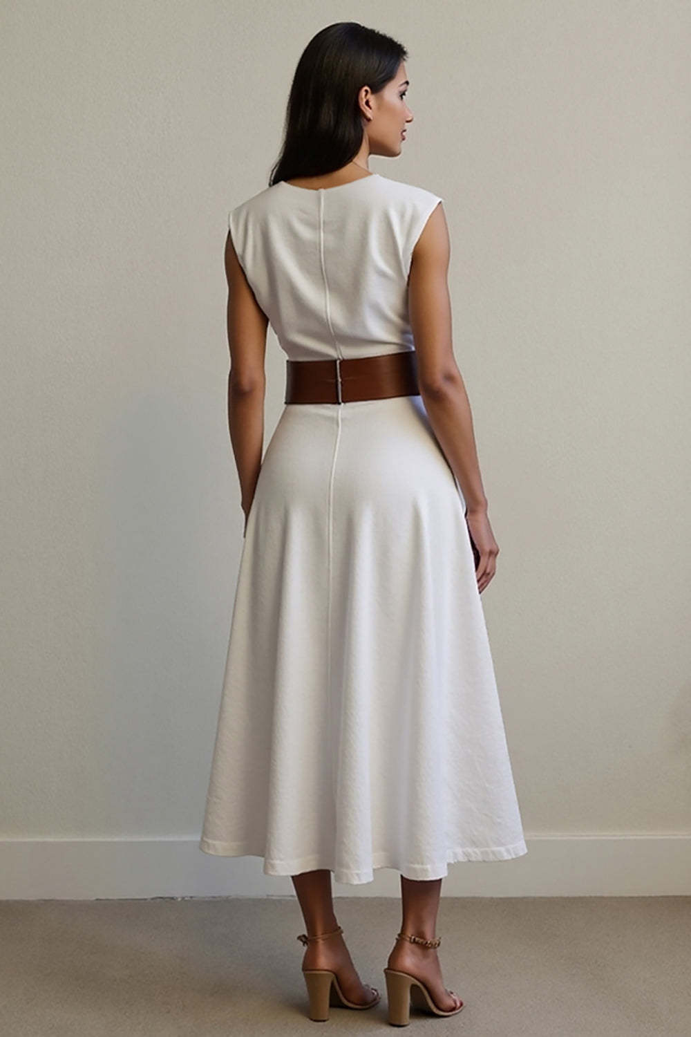 White Maxi A Line V-Neck Work Dress with Belt