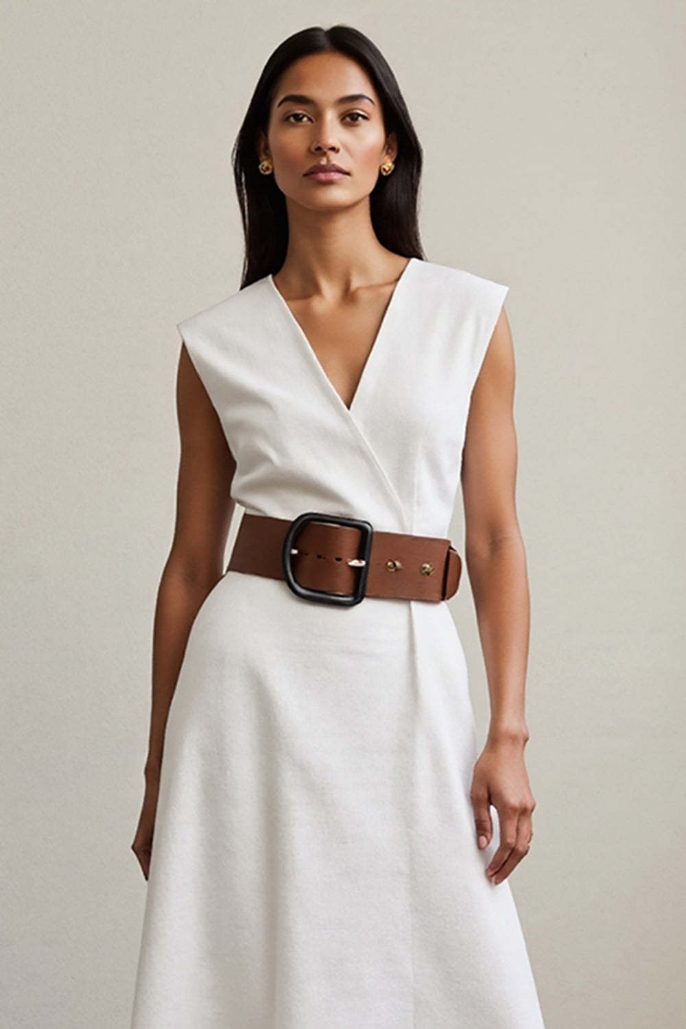 White Maxi A Line V-Neck Work Dress with Belt