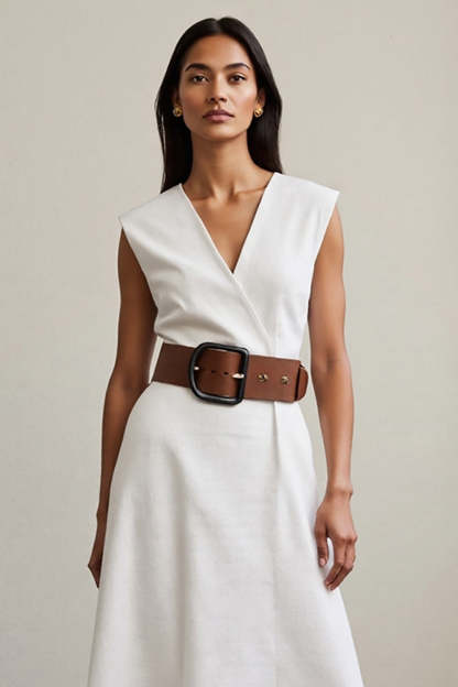 White Maxi A Line V-Neck Work Dress with Belt