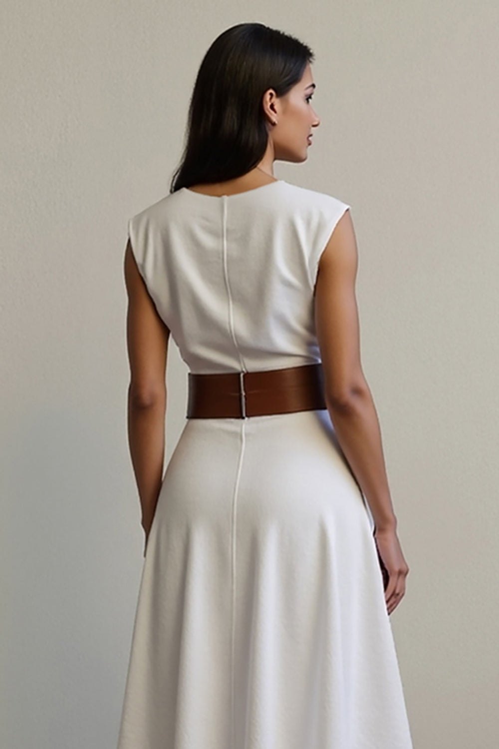 White Maxi A Line V-Neck Work Dress with Belt