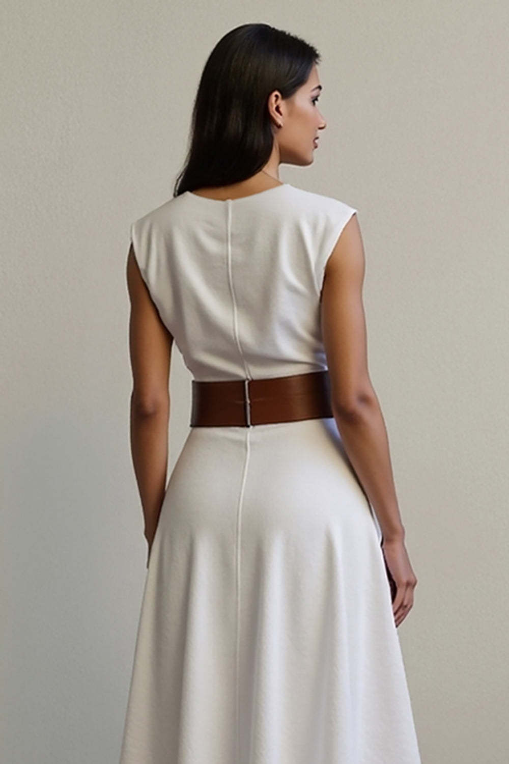 White Maxi A Line V-Neck Work Dress with Belt