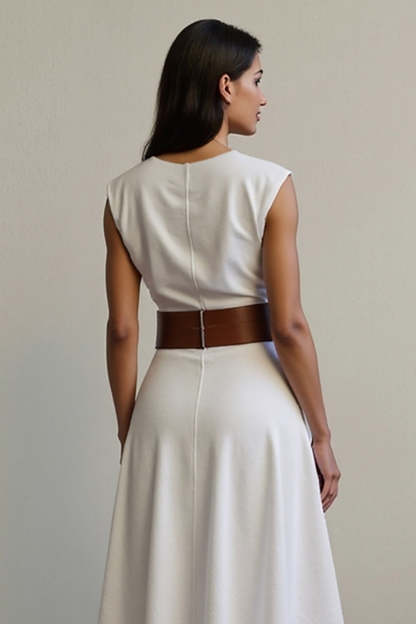 White Maxi A Line V-Neck Work Dress with Belt
