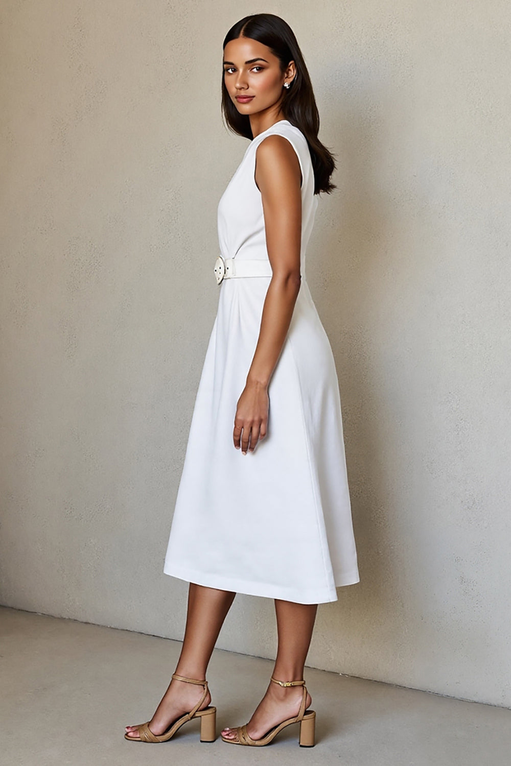 Simple White V-Neck A Line Midi Work Dress with Belt