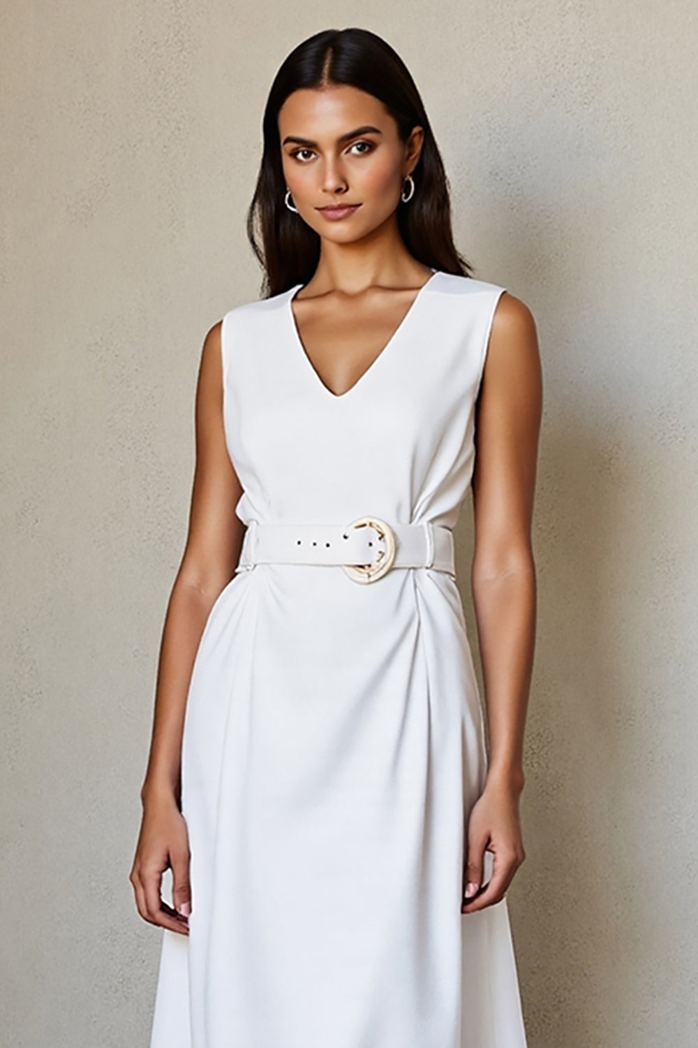 Simple White V-Neck A Line Midi Work Dress with Belt