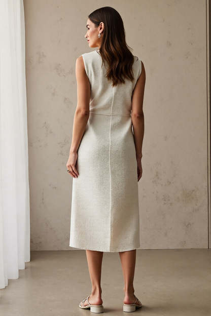 Elegant Ivory Sheath Bateau Neck Midi Work Dress