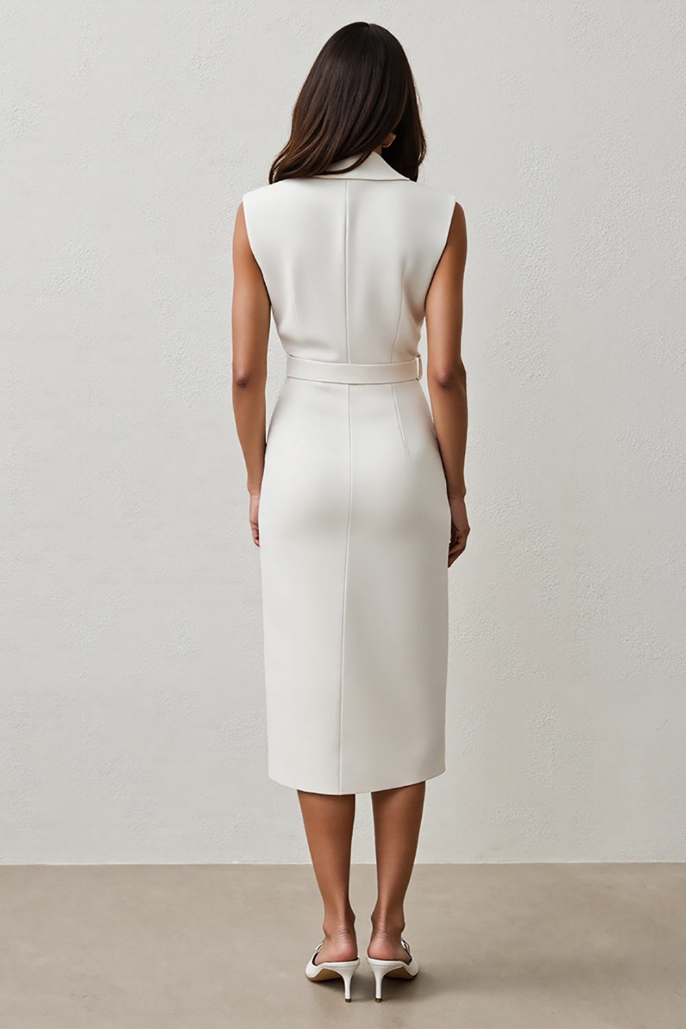Midi White Pencil Notched Lapel Blazer Dress with Belt