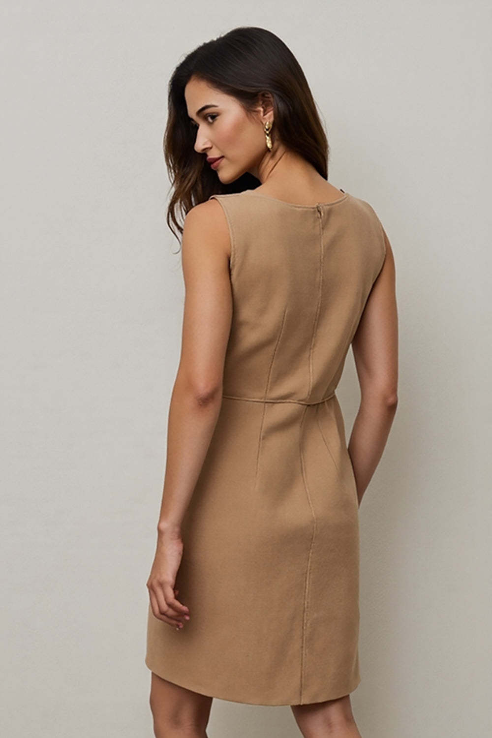 Short Camel Round Neck Pencil Work Dress with Pockets