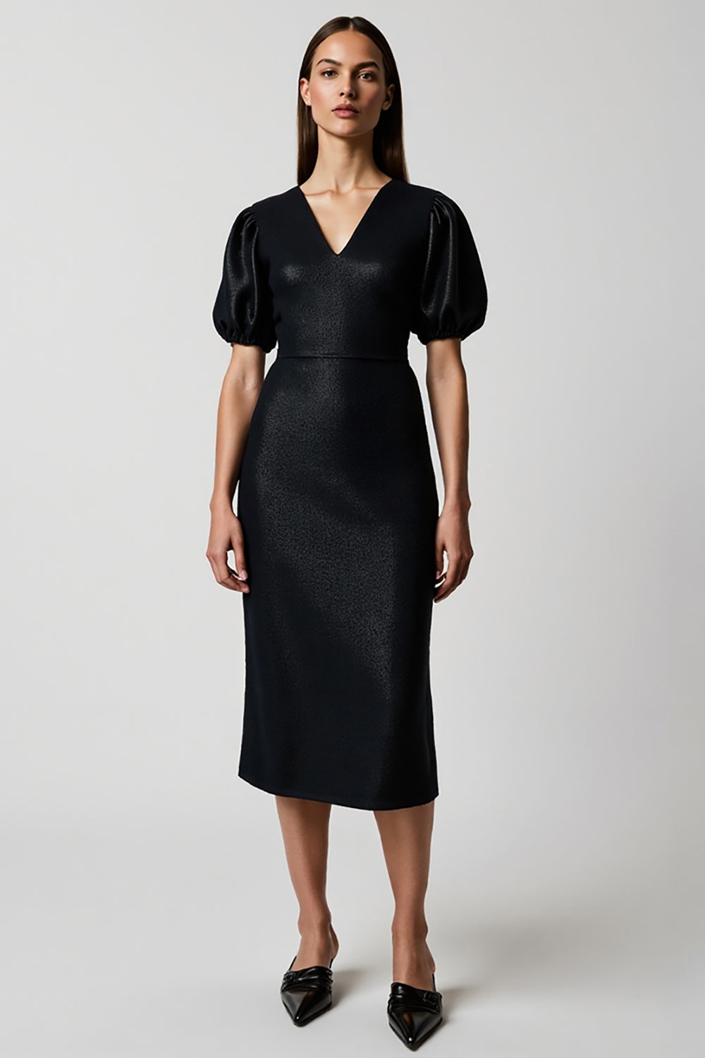 Leely Women Black Short Sleeves Midi Work Dress V-Neck Sheath Business Dress