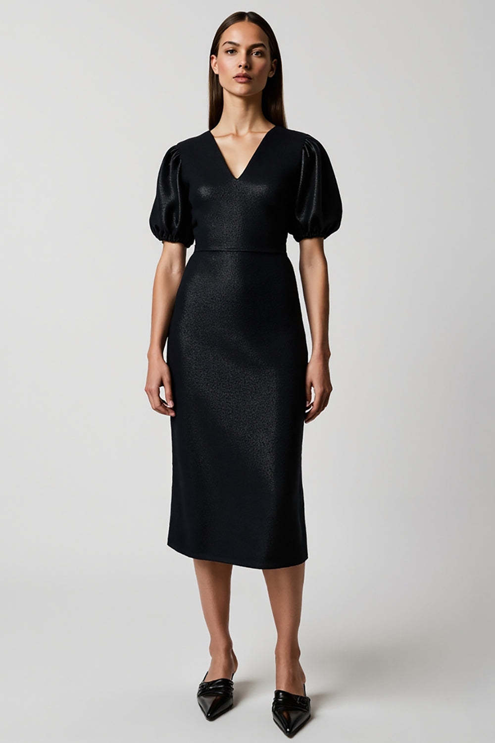 Leely Women Black Short Sleeves Midi Work Dress V-Neck Sheath Business Dress