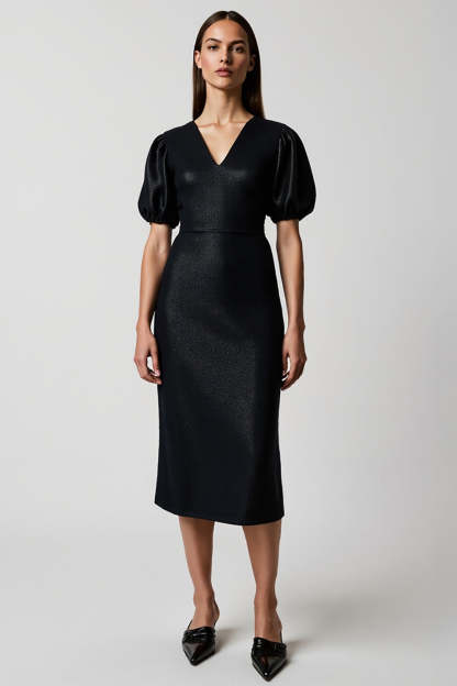 Leely Women Black Short Sleeves Midi Work Dress V-Neck Sheath Business Dress