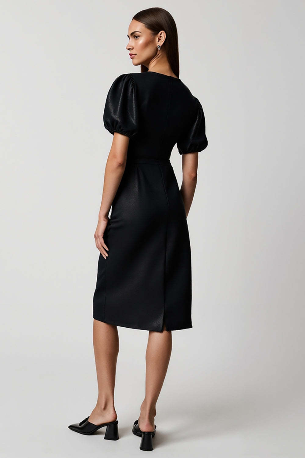 Black V-Neck Sheath Midi Work Dress with Short Sleeves