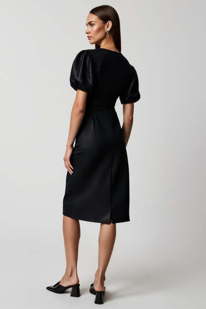 Black V-Neck Sheath Midi Work Dress with Short Sleeves