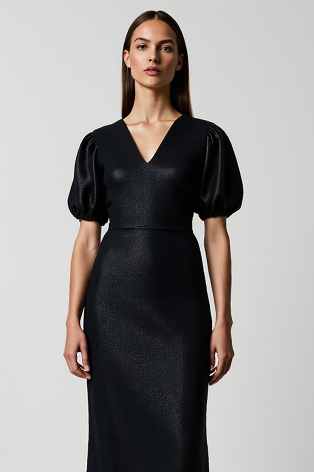 Black V-Neck Sheath Midi Work Dress with Short Sleeves