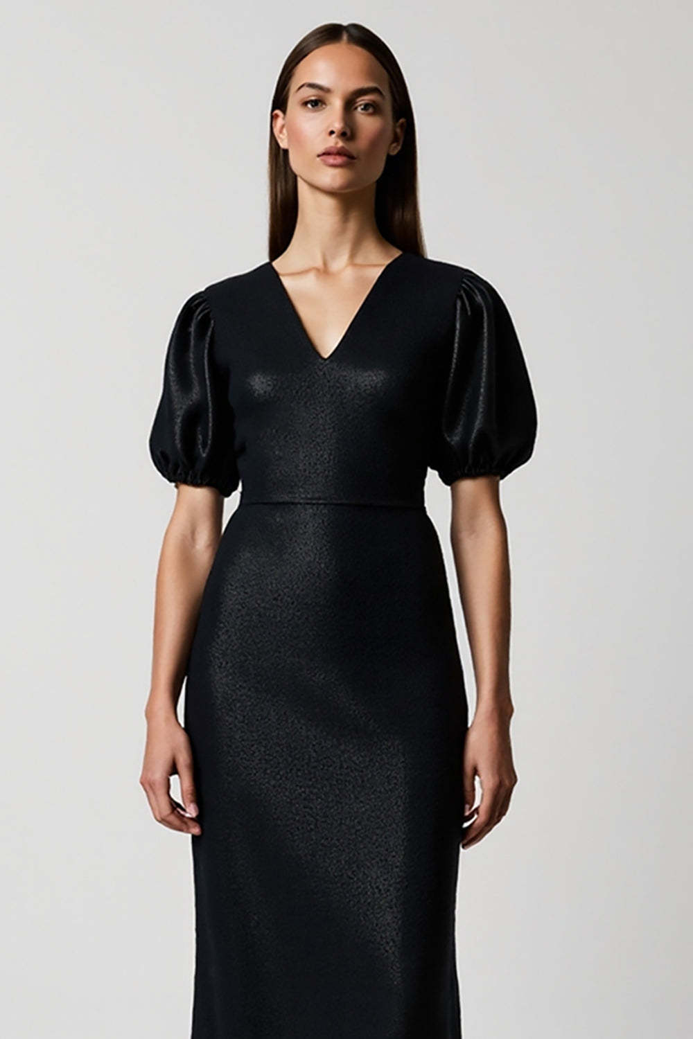 Black V-Neck Sheath Midi Work Dress with Short Sleeves