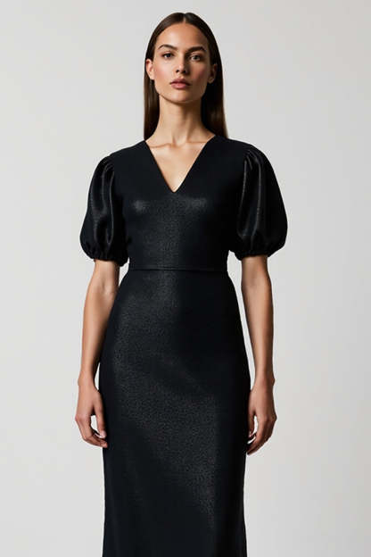Black V-Neck Sheath Midi Work Dress with Short Sleeves