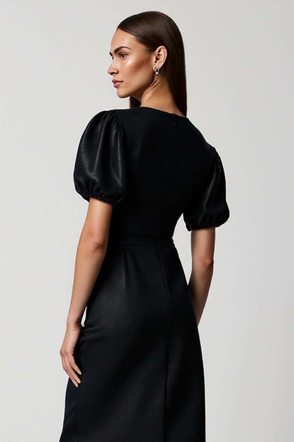 Black V-Neck Sheath Midi Work Dress with Short Sleeves