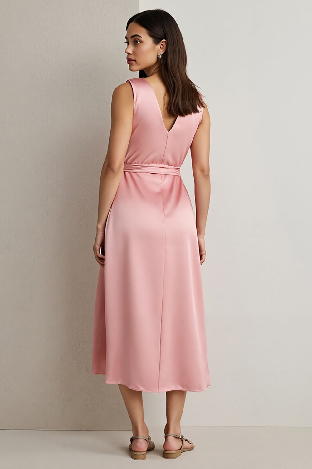 Pink V Neck Satin Sheath Ruched Maxi Wedding Guest Dress