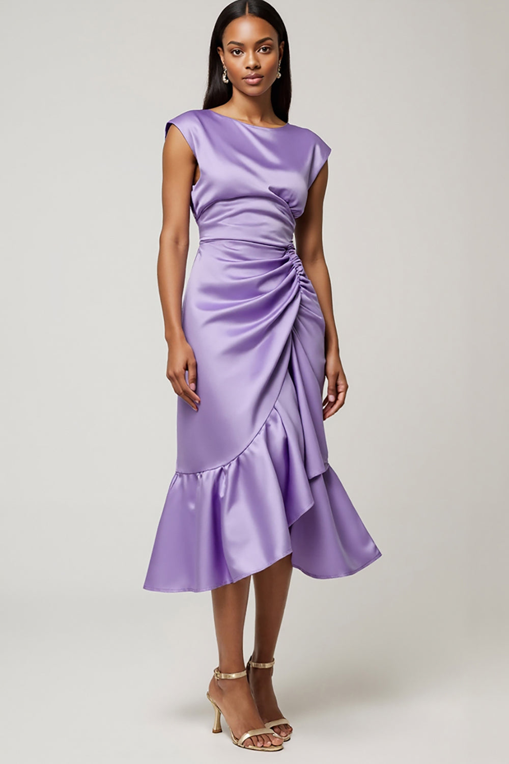 Purple Satin Ruched Midi Wedding Guest Dress with Ruffles