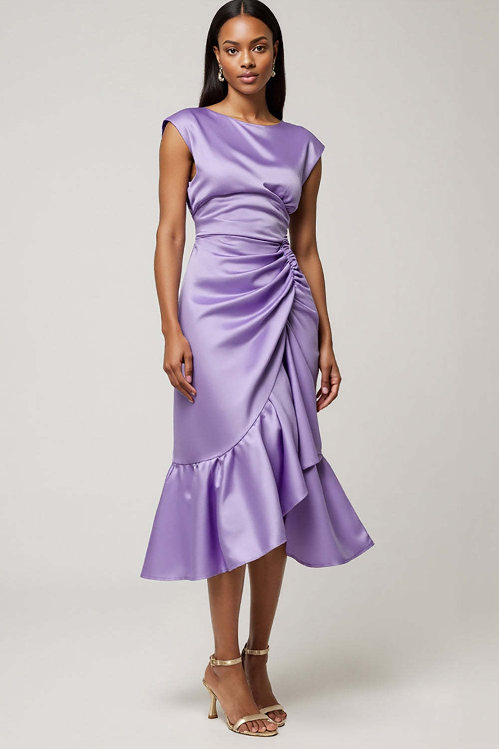 Leely Women Purple Satin Midi Summer Wedding Guest Dress with Ruffles Sheath Cap Sleeves Ruched Semi Formal Dress