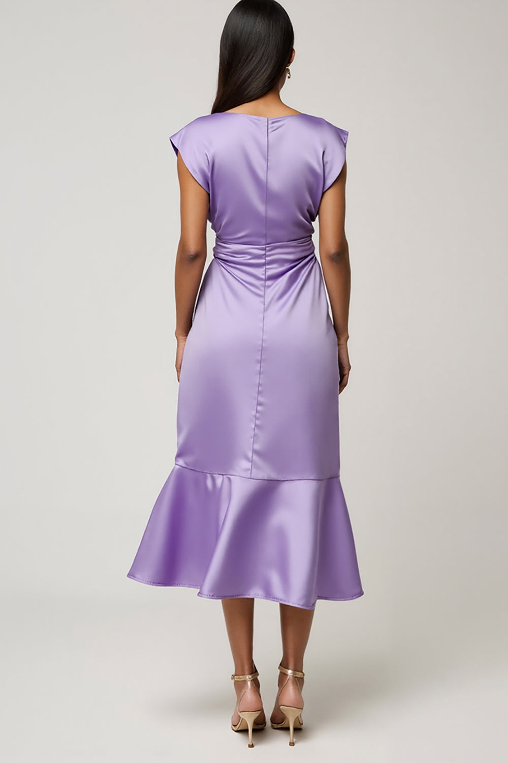 Purple Satin Ruched Midi Wedding Guest Dress with Ruffles