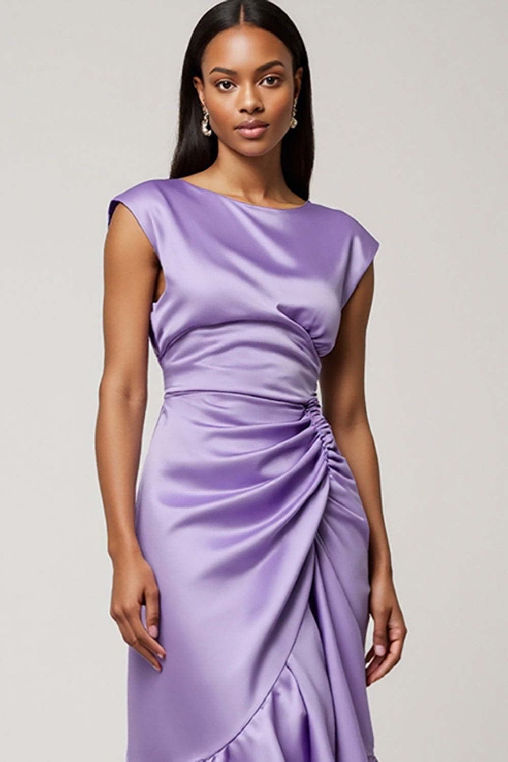 Purple Satin Ruched Midi Wedding Guest Dress with Ruffles