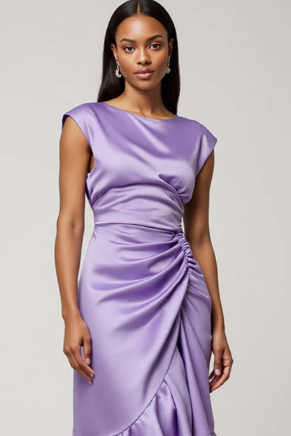 Purple Satin Ruched Midi Wedding Guest Dress with Ruffles