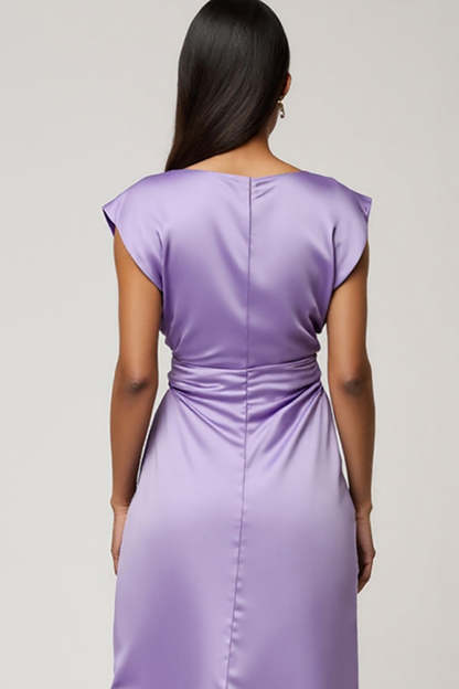 Purple Satin Ruched Midi Wedding Guest Dress with Ruffles