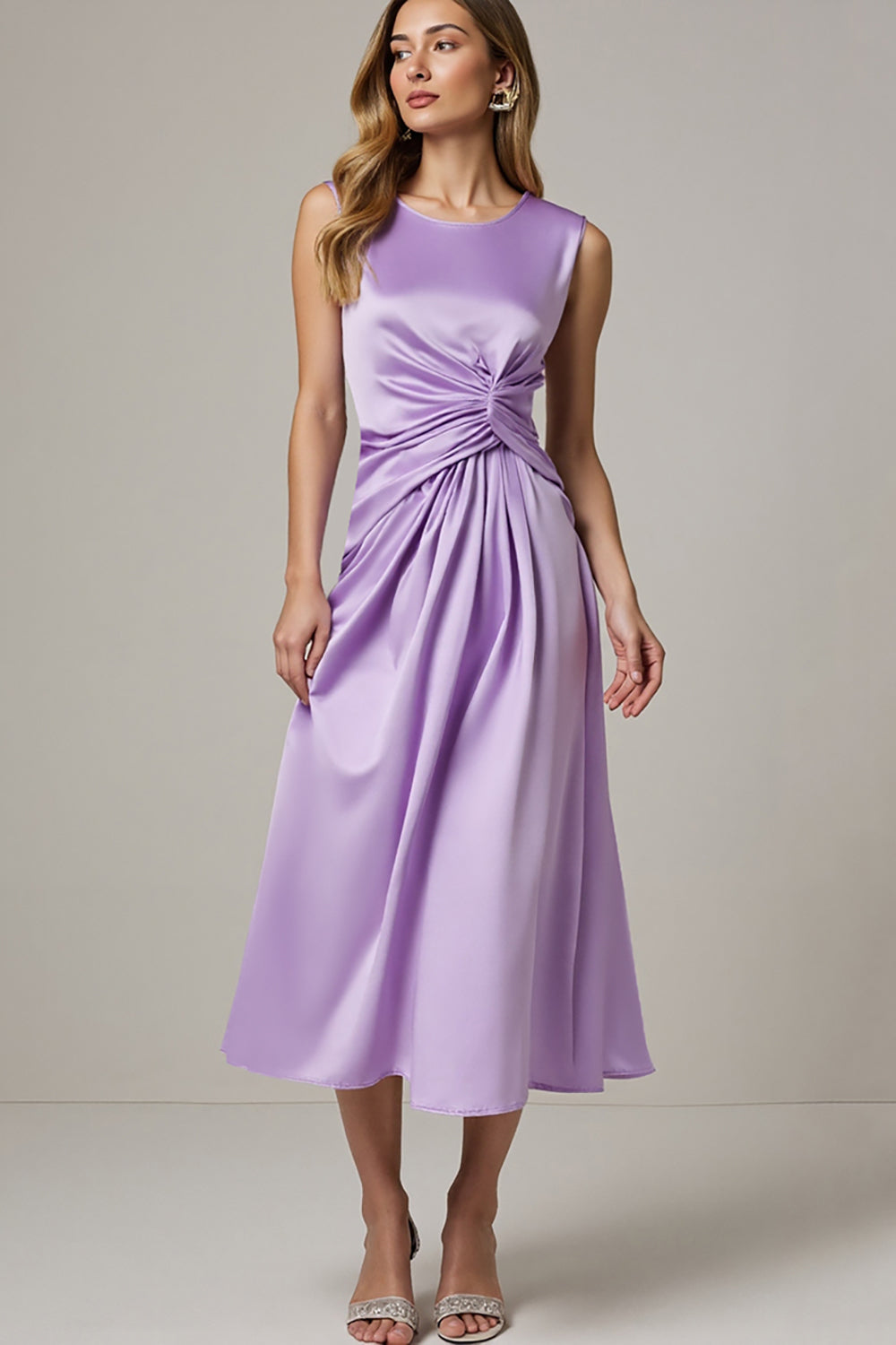 Purple Satin Round Neck Ruched A Line Maxi Wedding Guest Dress
