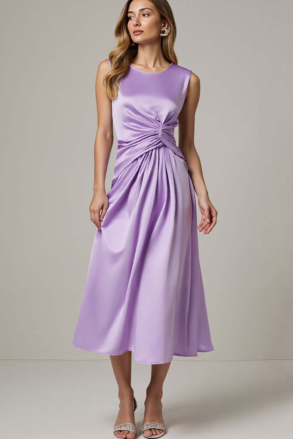 Leely Women Purple Satin Maxi Summer Wedding Guest Dress A Line Ruched Round Neck Semi Formal Dress